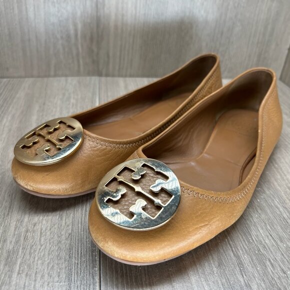 Tory Burch Reva Ballet Flats Womens 8.5M Gold Logo Slip On Pebbled Leather Brown - Picture 3 of 13